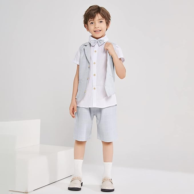 Summer Boys Suit 4Pcs Shirt Vest Shorts Tie Set Yuanlu