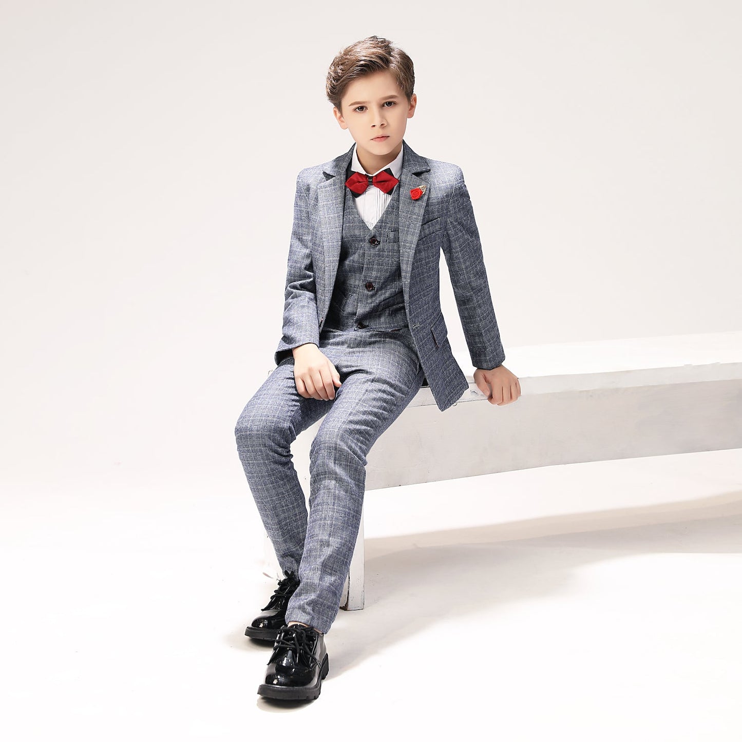 Grey Plaid Elegant 5 Piece Boys Suits Yuanlu