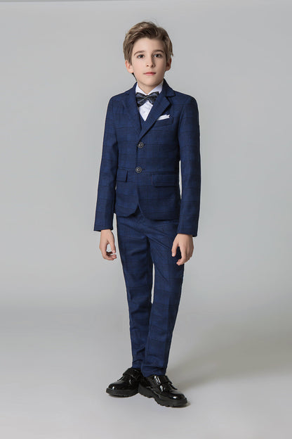 Navy Plaid Elegant Formal 5 Piece Boys Suits Yuanlu