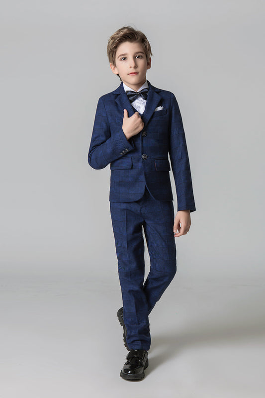 Navy Plaid Elegant Formal 5 Piece Boys Suits Yuanlu