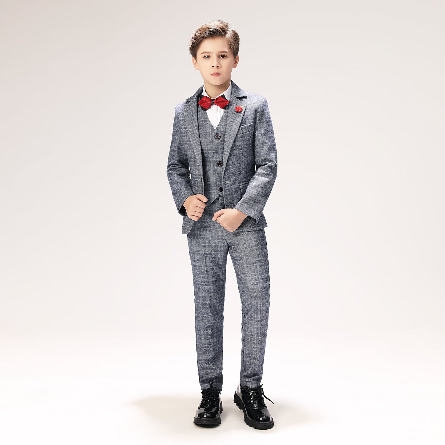 Grey Plaid Elegant 5 Piece Boys Suits Yuanlu