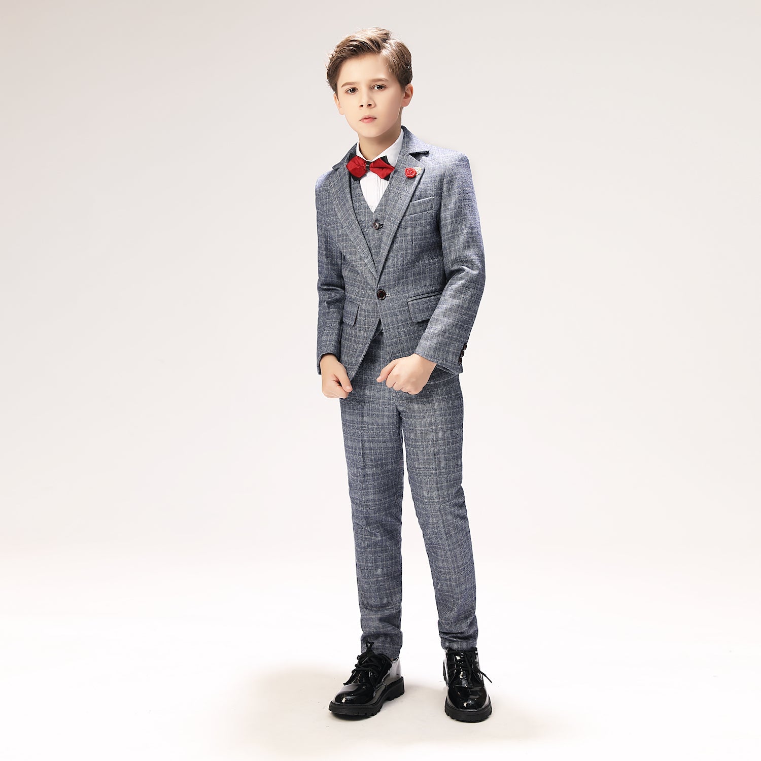 Grey Plaid Elegant 5 Piece Boys Suits Yuanlu