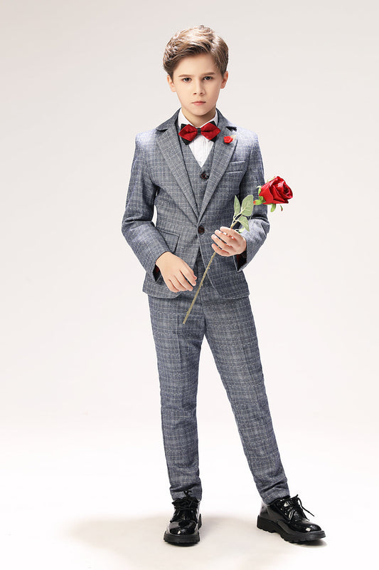 Grey Plaid Elegant 5 Piece Boys Suits Yuanlu