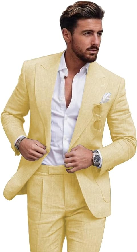 Summer Casual Linen Men's Slim Fit 2 Piece Suit Yuanlu