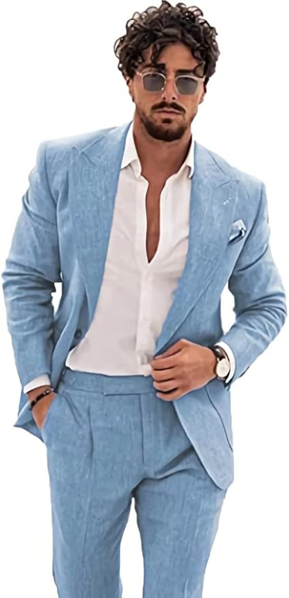 Summer Casual Linen Men's  2 Piece Suit Blazer Pants Set Yuanlu