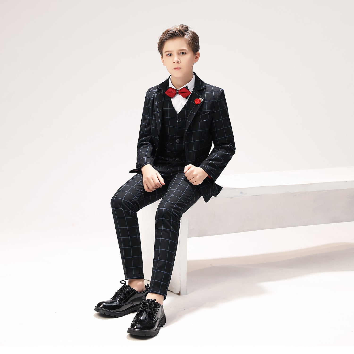 Navy Plaid Elegant 5 Piece Boys Suits Yuanlu