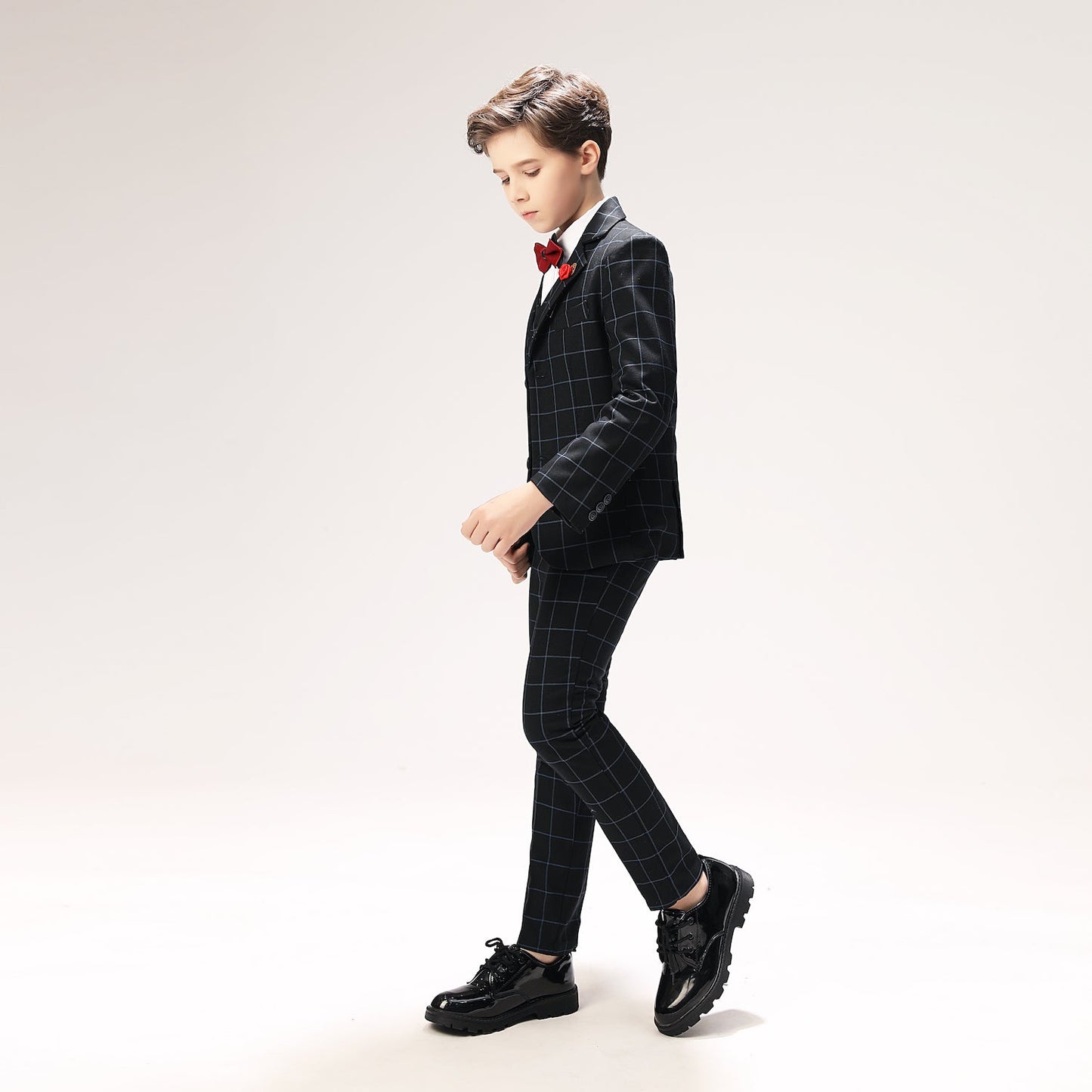 Navy Plaid Elegant 5 Piece Boys Suits Yuanlu