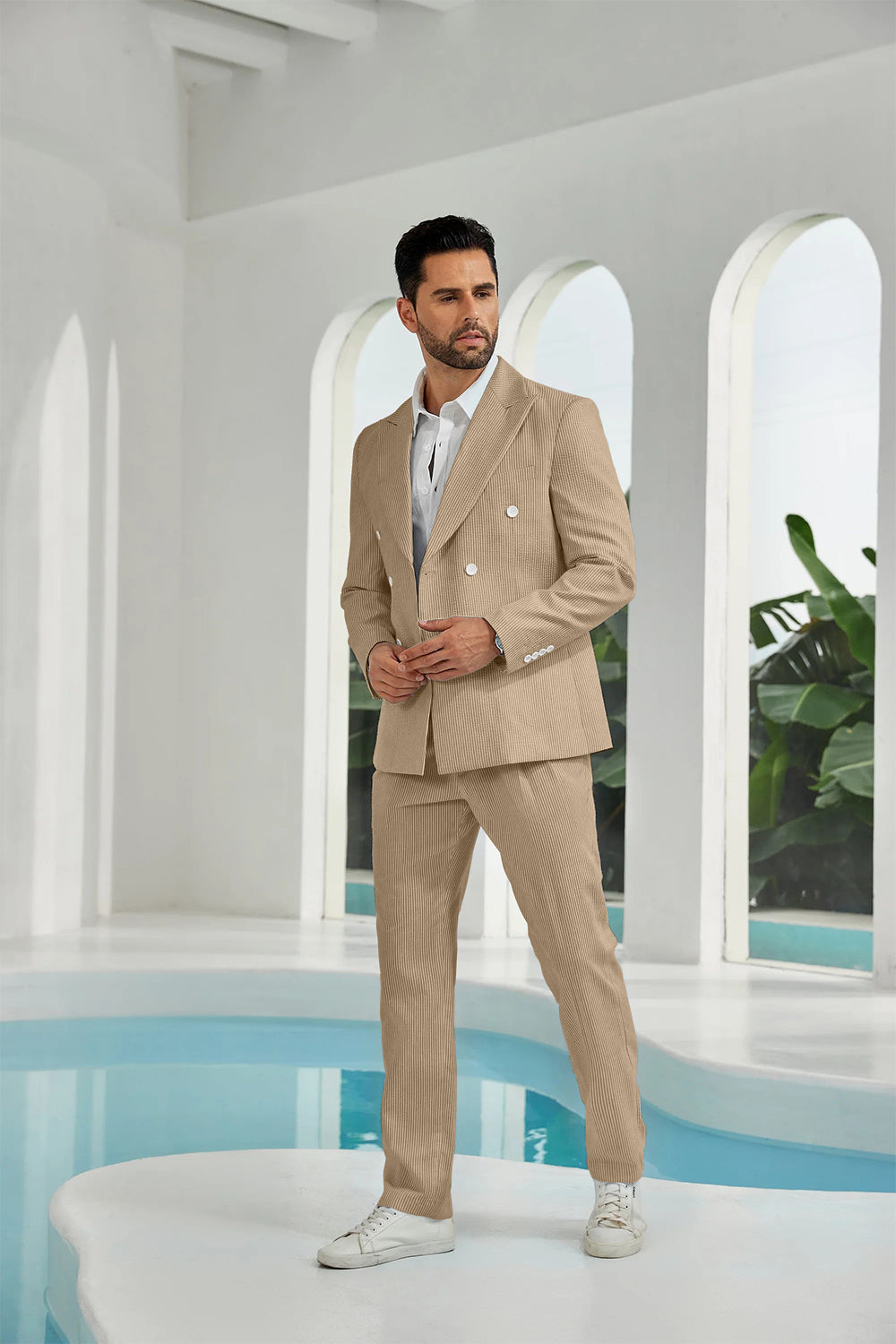 Seersucker Double Breasted Blazer Pants 2 Piece Men's Summer Suit Yuanlu