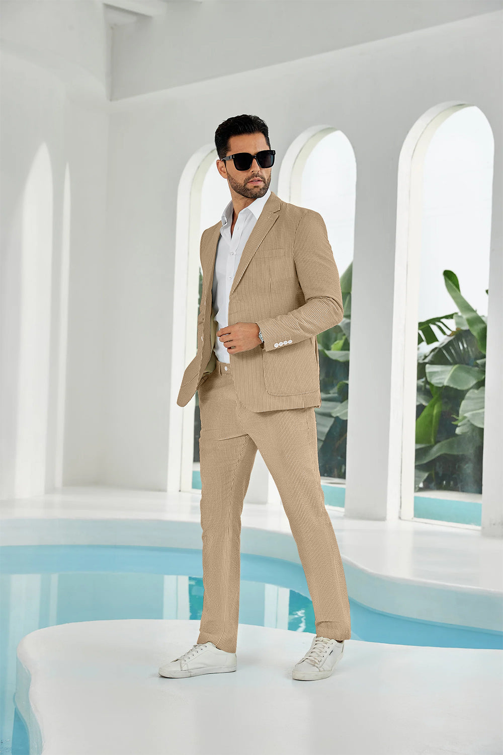 Seersucker Striped Blazer Pants 2 Piece Men's Summer Suit Yuanlu