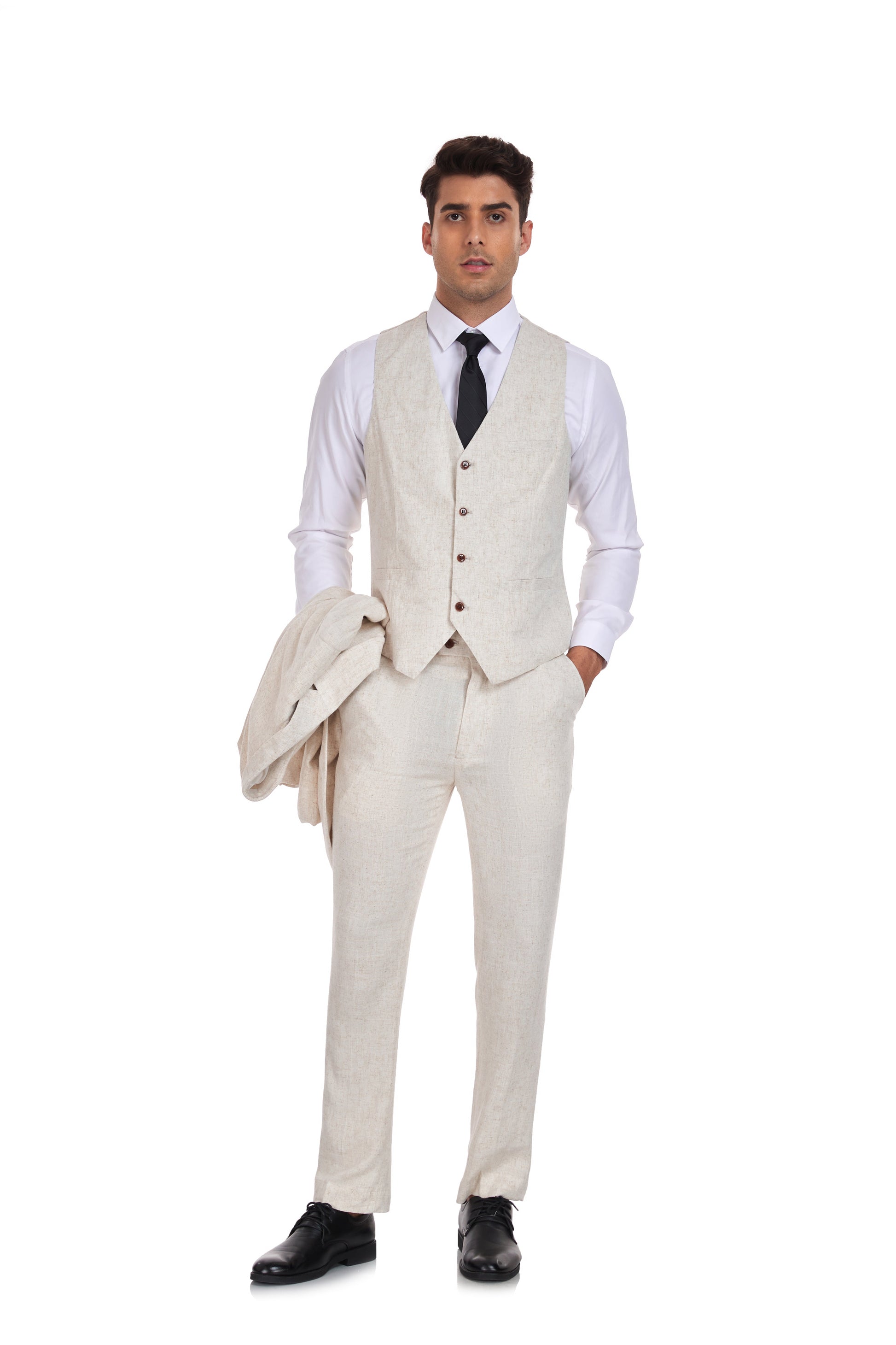 Beige Retro Linen Beach Wedding Summer 3 Pieces Men Suits Yuanlu