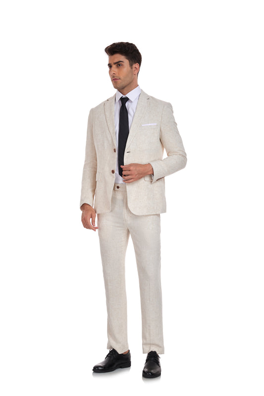 Beige Retro Linen Beach Wedding Summer 3 Pieces Men Suits Yuanlu