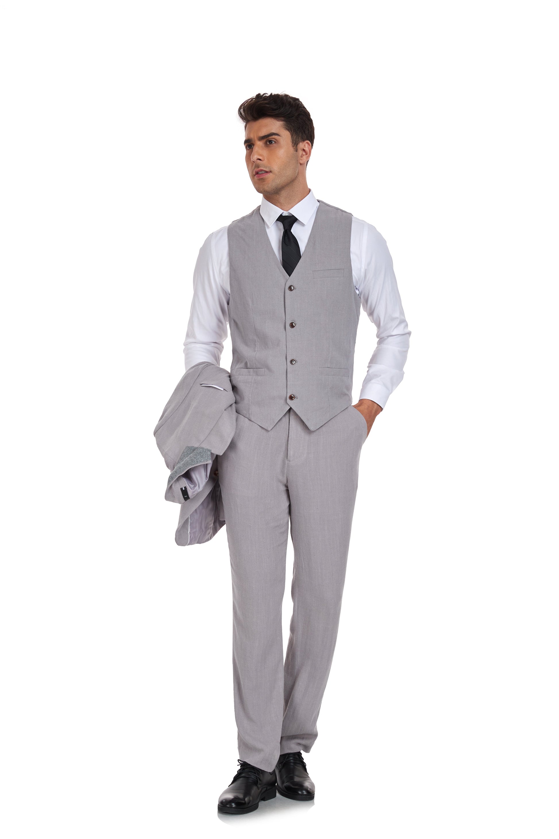 Grey Retro Linen Beach Wedding Summer 3 Pieces Men Suits Yuanlu