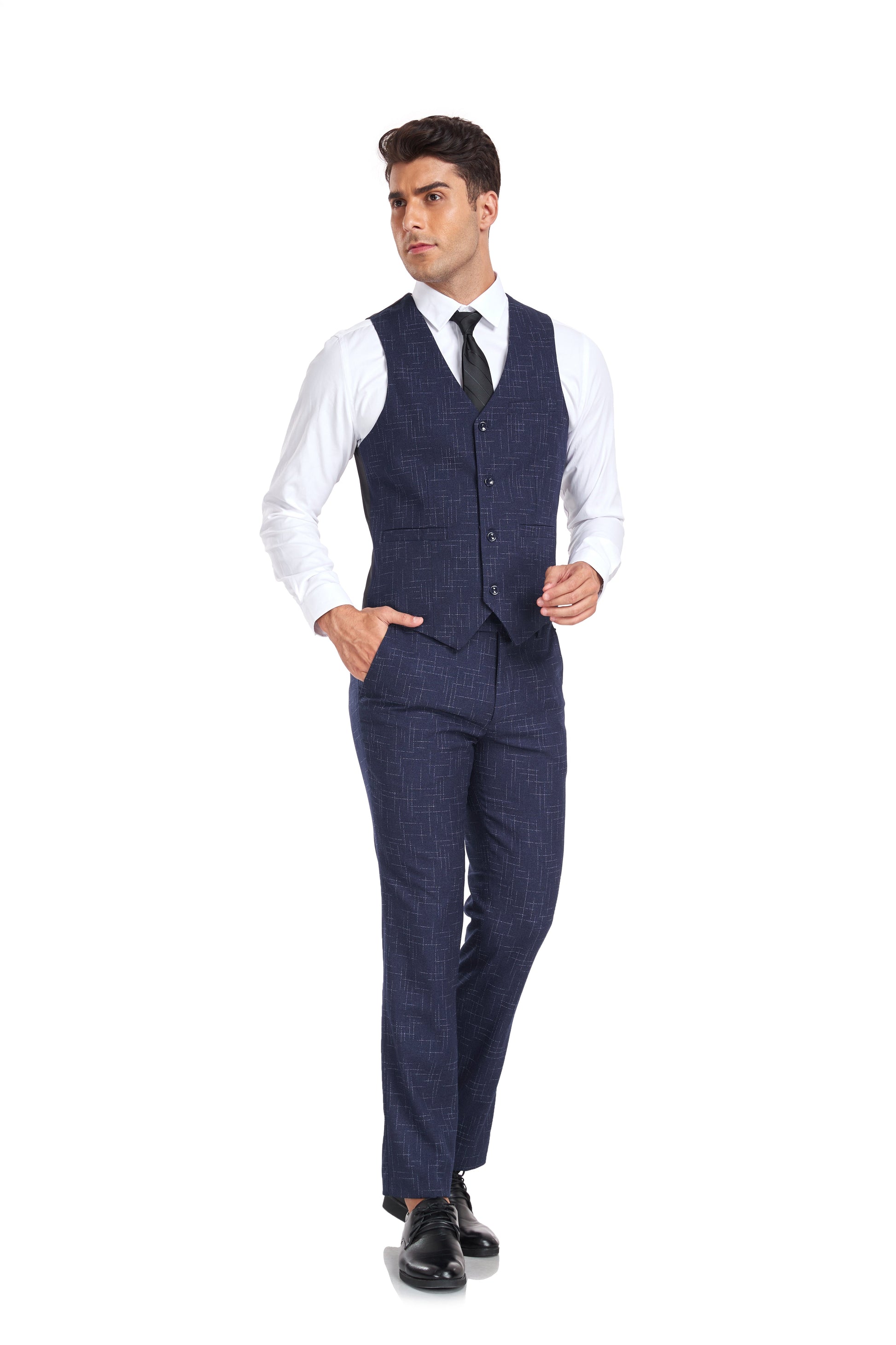 Navy Plaid Men's 3 Piece Slim Fit Suit Set Double Breasted Blazer Vest Pants for Party, Wedding and Business Yuanlu