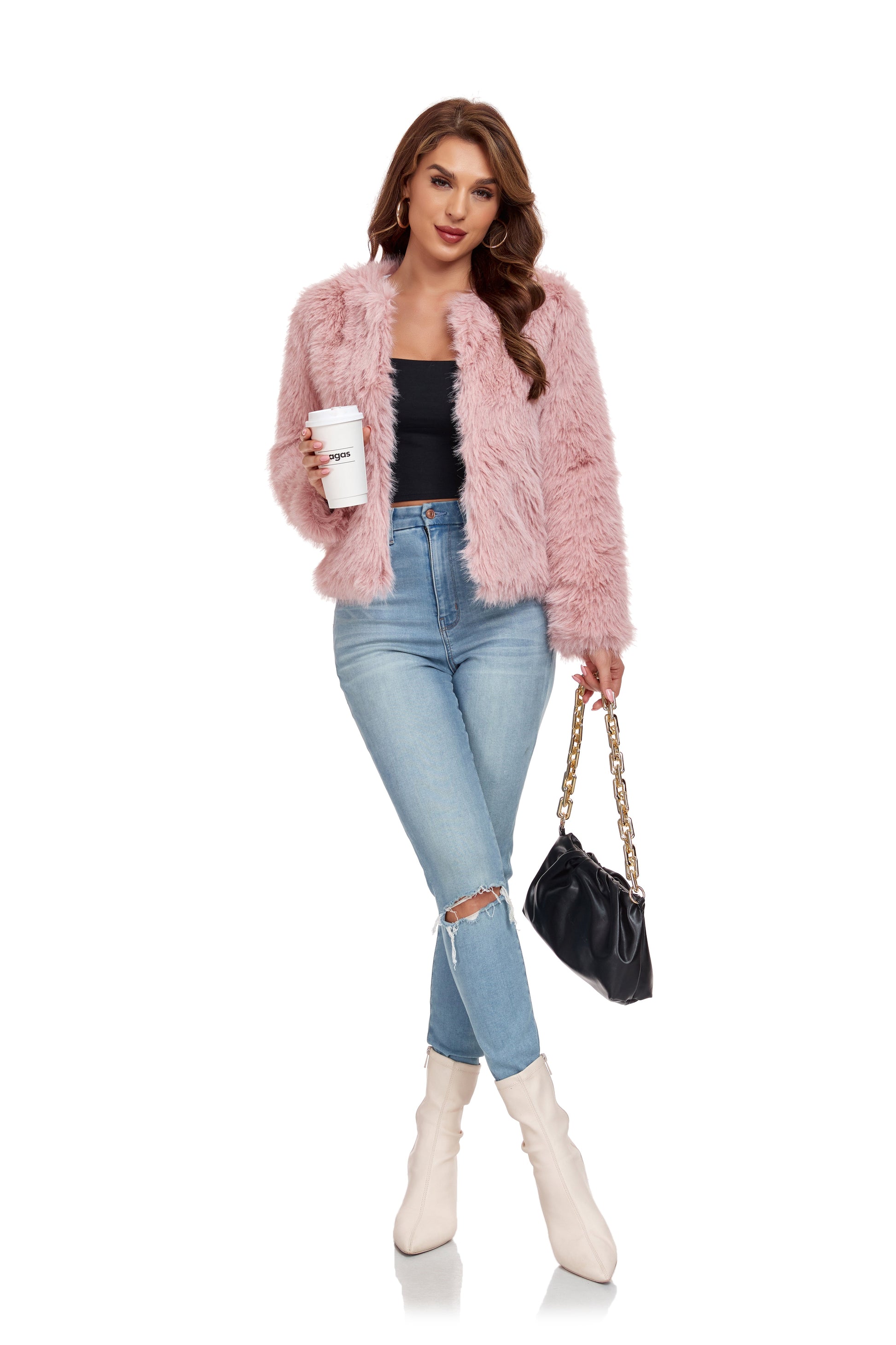 Pink Winter Coats Fleece Cropped Jacket Yuanlu