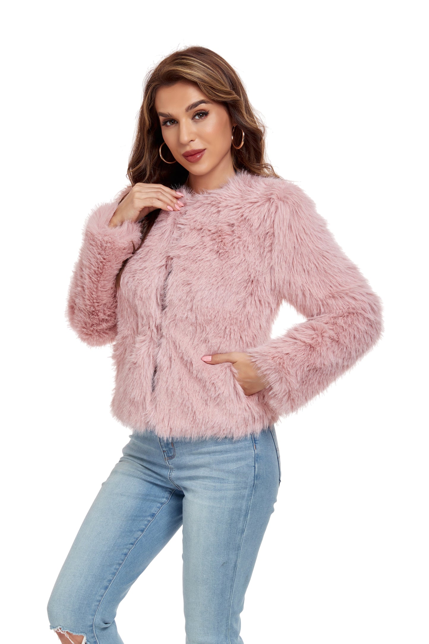 Pink Winter Coats Fleece Cropped Jacket Yuanlu