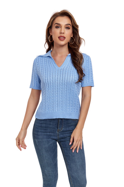 Blue Short Sleeve Collared Sweater Yuanlu