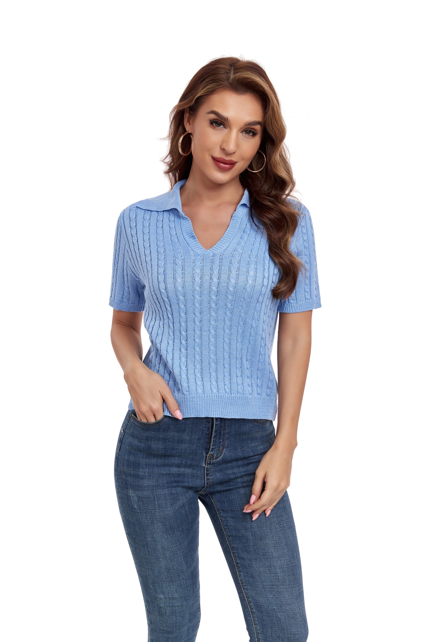 Blue Short Sleeve Collared Sweater Yuanlu