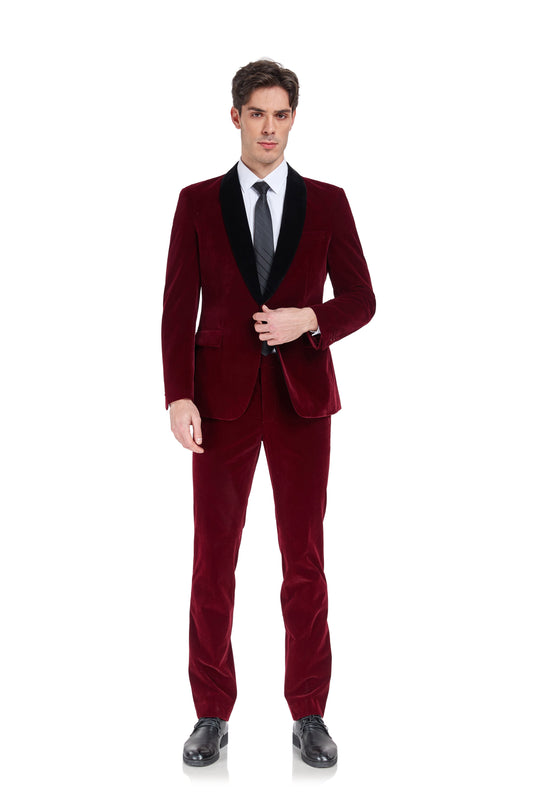 Burgundy Velvet 3 Piece Men's Formal Suits Yuanlu