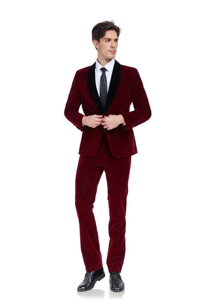 Burgundy Velvet 3 Piece Men's Formal Suits Yuanlu