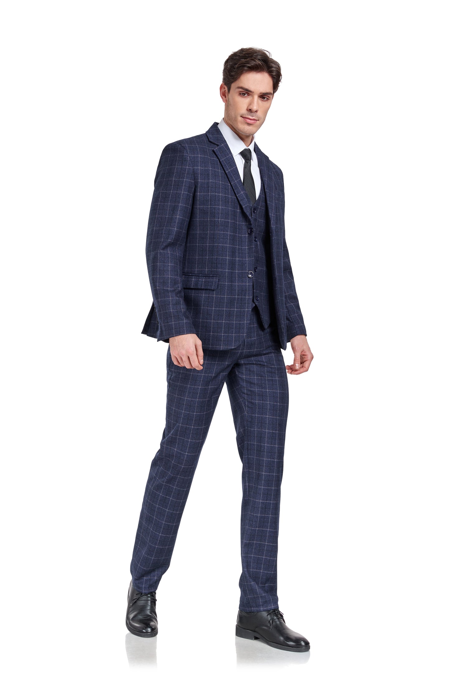 Navy Plaid Men's 3 Piece Slim Fit Suit Set Yuanlu