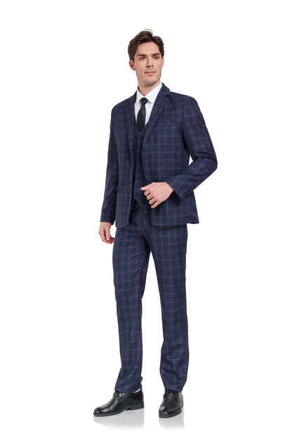 Navy Plaid Men's 3 Piece Slim Fit Suit Set Yuanlu