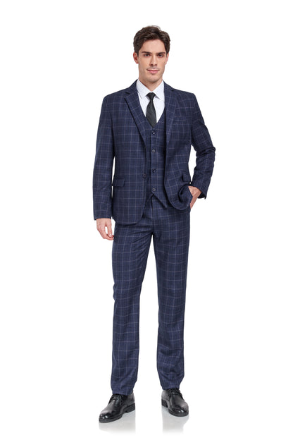 Navy Plaid Men's 3 Piece Slim Fit Suit Set Yuanlu