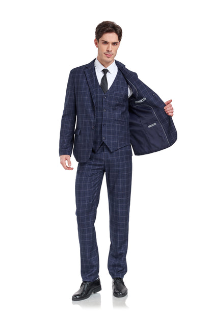 Navy Plaid Men's 3 Piece Slim Fit Suit Set Yuanlu