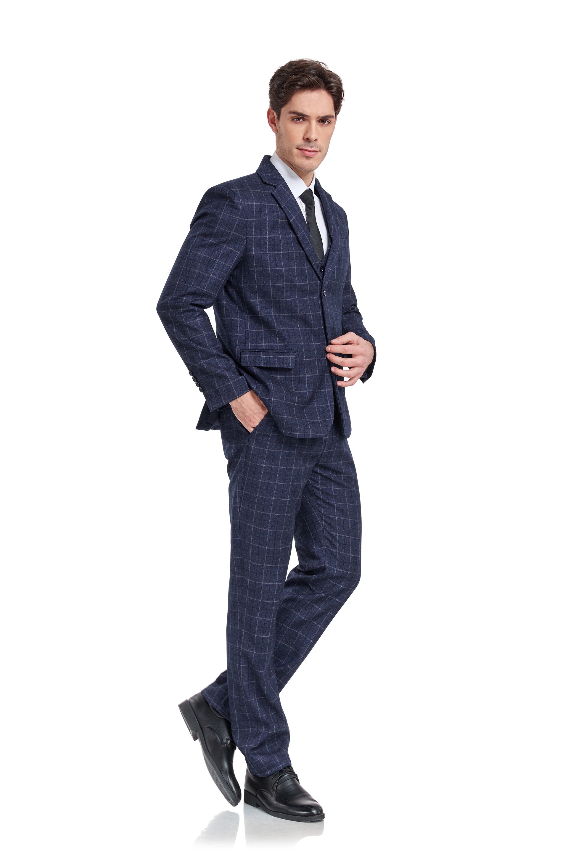 Navy Plaid Men's 3 Piece Slim Fit Suit Set Yuanlu