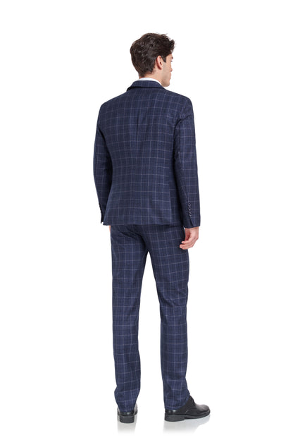 Navy Plaid Men's 3 Piece Slim Fit Suit Set Yuanlu