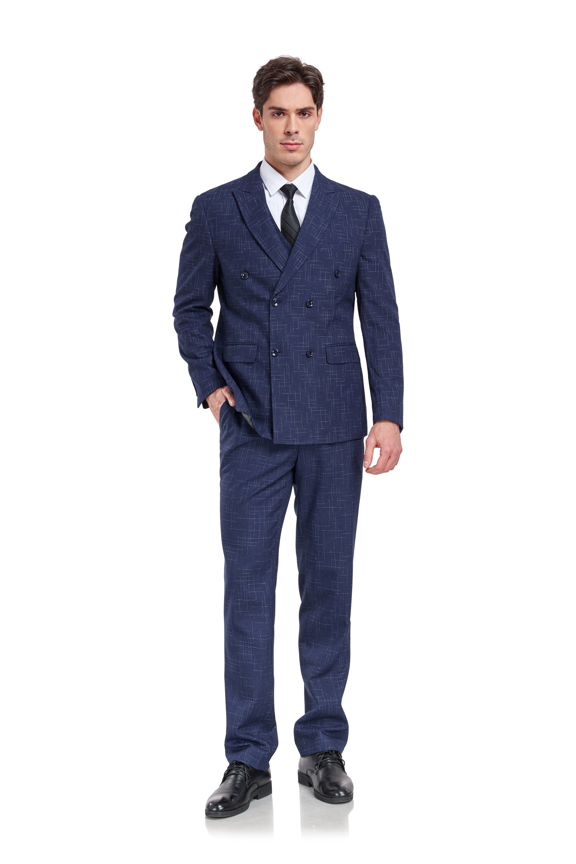 Navy Plaid Men's 3 Piece Slim Fit Suit Set Yuanlu