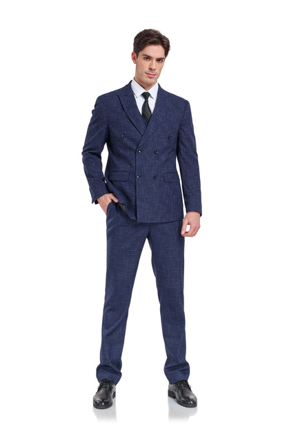 Navy Plaid Men's 3 Piece Slim Fit Suit Set Yuanlu