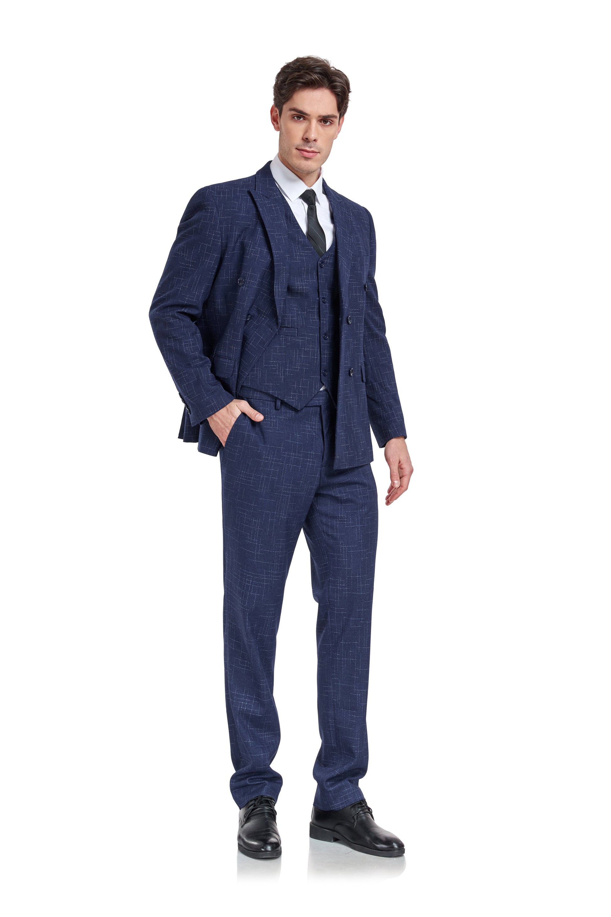 Navy Plaid Men's 3 Piece Slim Fit Suit Set Yuanlu