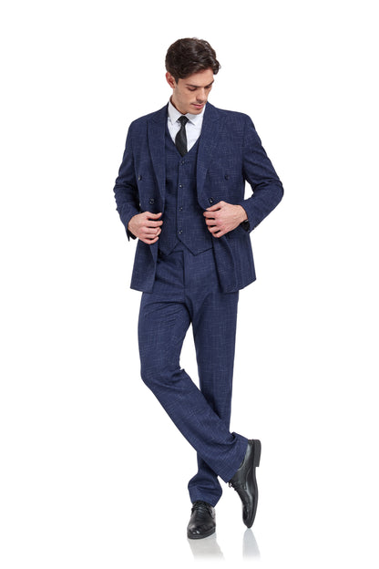 Navy Plaid Men's 3 Piece Slim Fit Suit Set Yuanlu