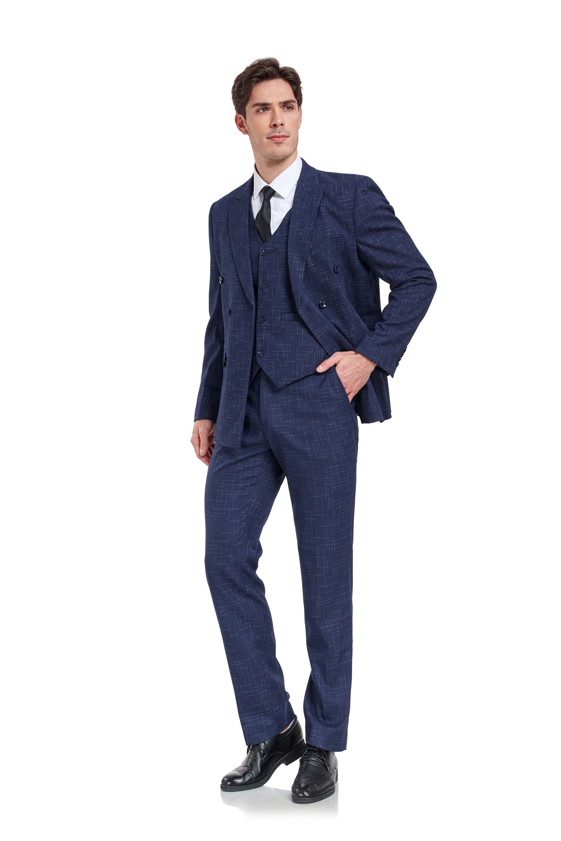 Navy Plaid Men's 3 Piece Slim Fit Suit Set Yuanlu