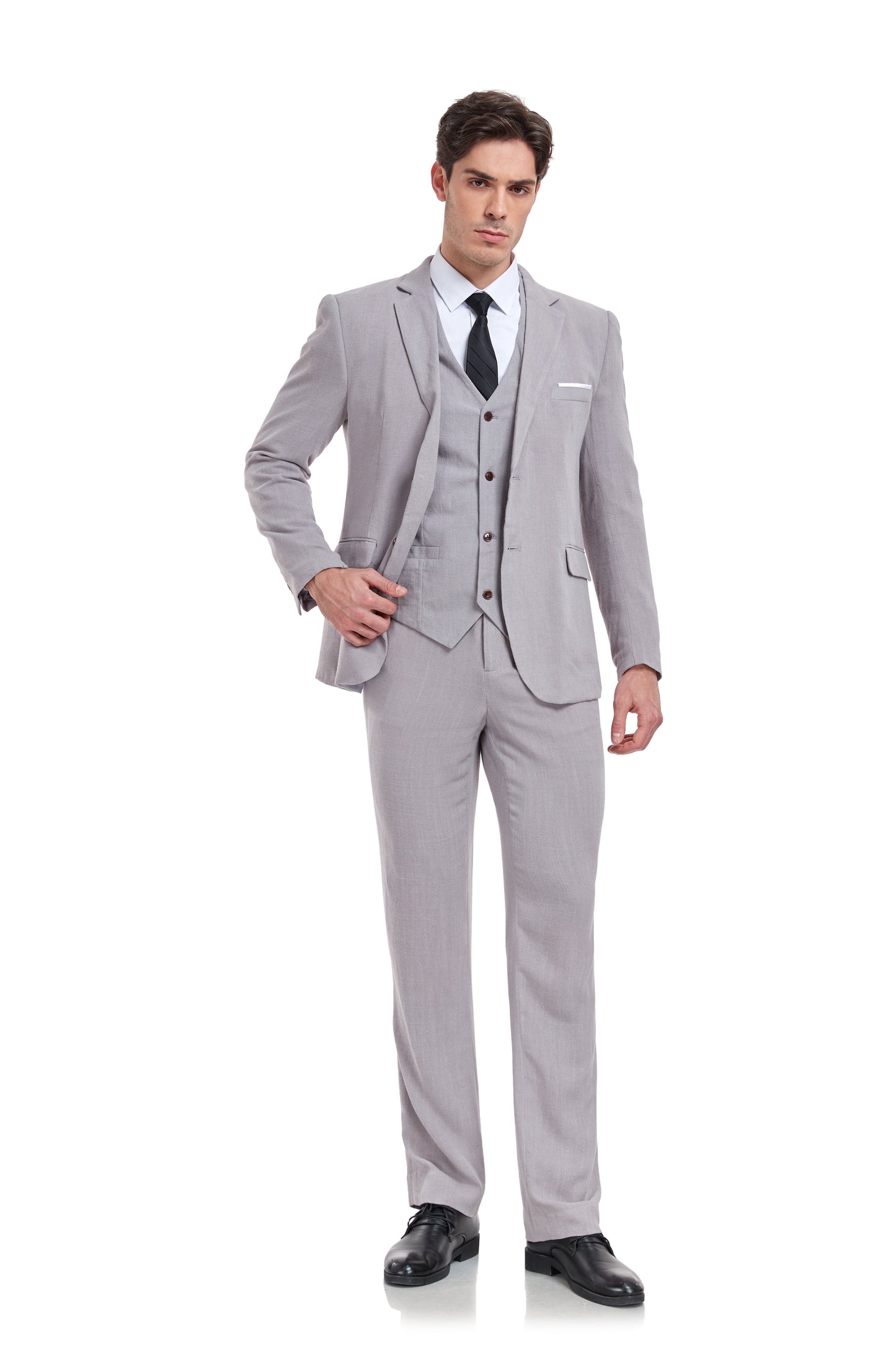 Grey Retro Linen Beach Wedding Summer 3 Pieces Men Suits Yuanlu