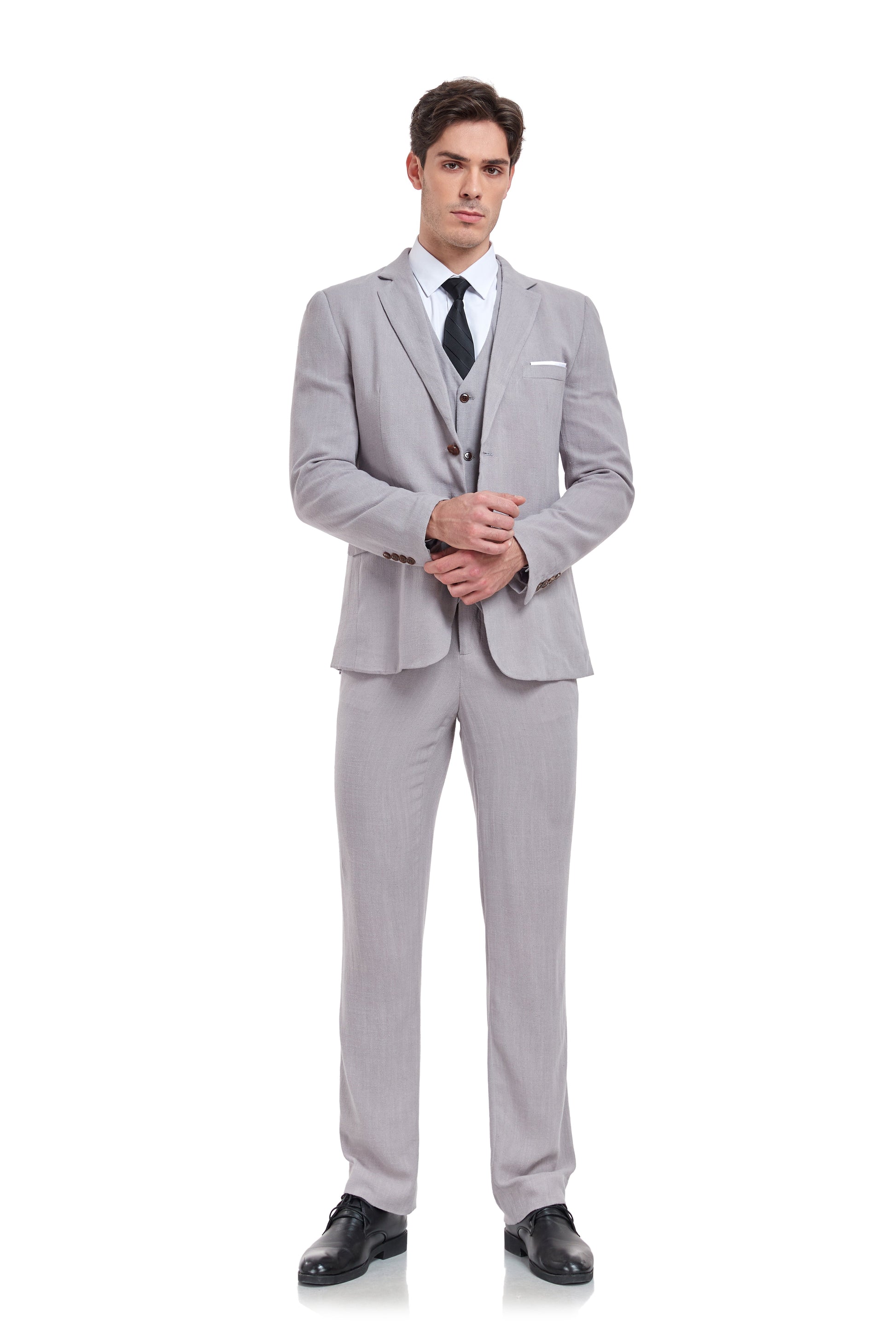 Grey Retro Linen Beach Wedding Summer 3 Pieces Men Suits Yuanlu