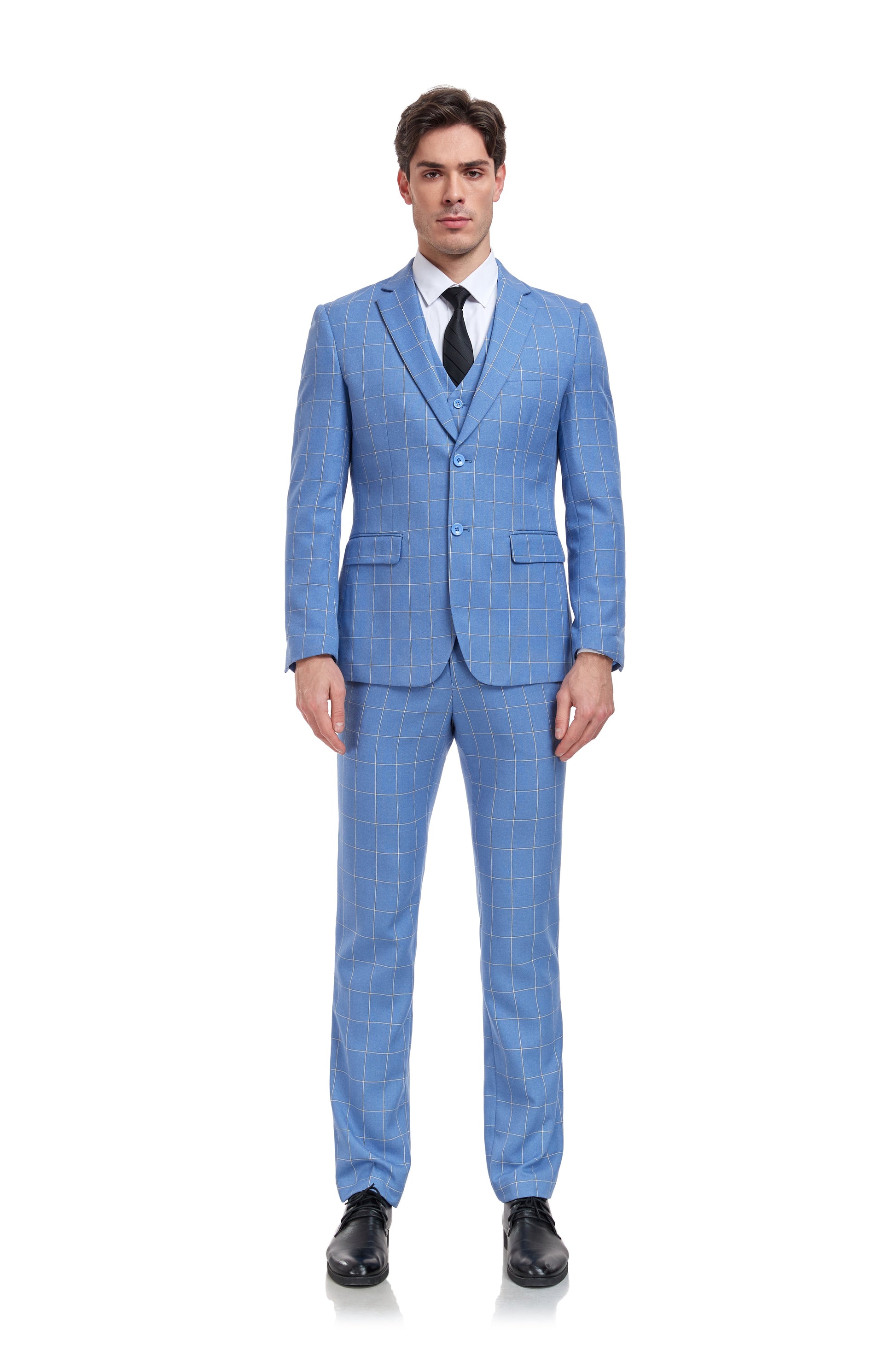 Light Blue Plaid Men's 3 Piece Slim Fit Suit Set Yuanlu