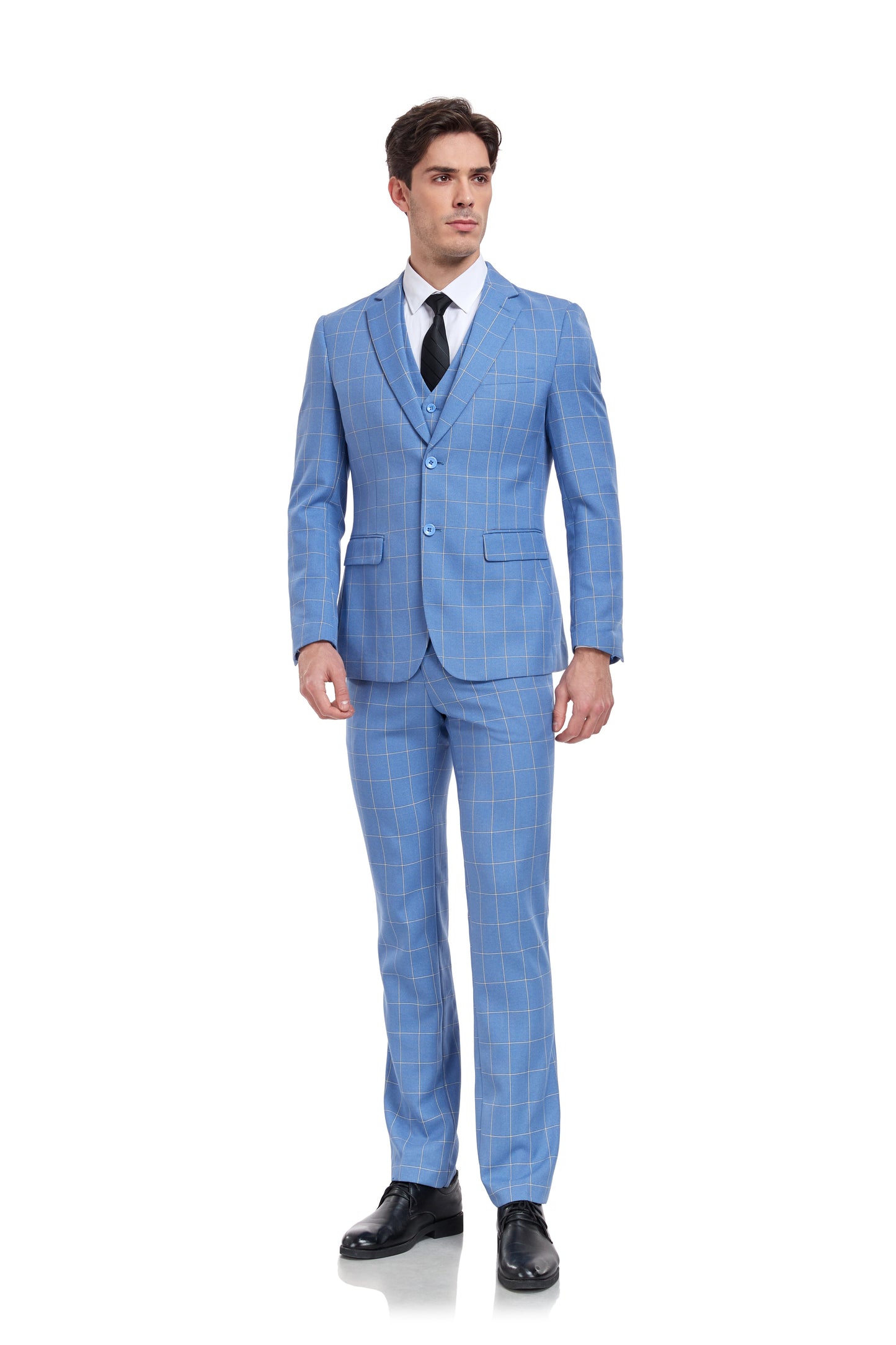 Light Blue Plaid Men's 3 Piece Slim Fit Suit Set Yuanlu