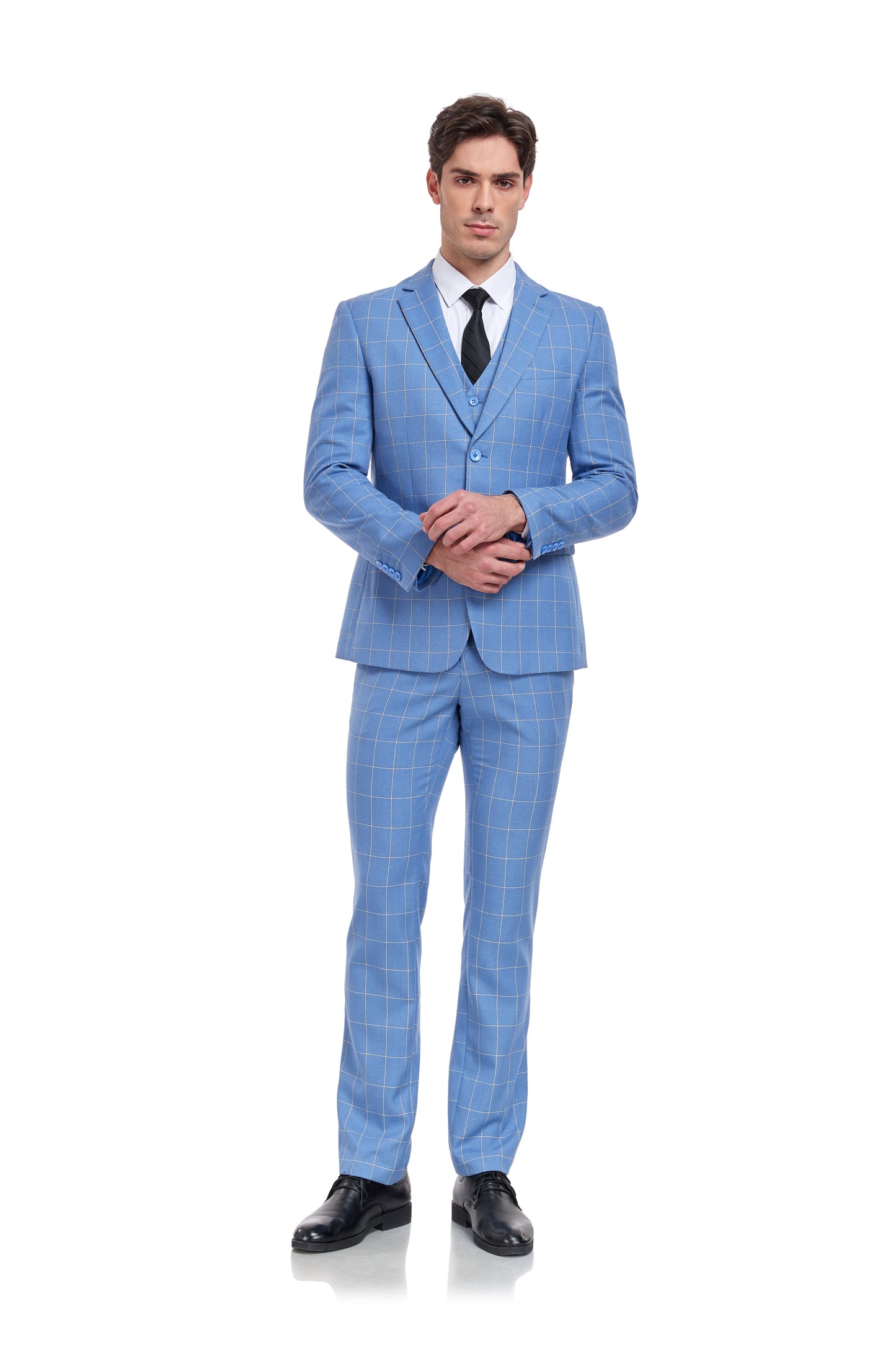 Light Blue Plaid Men's 3 Piece Slim Fit Suit Set Yuanlu