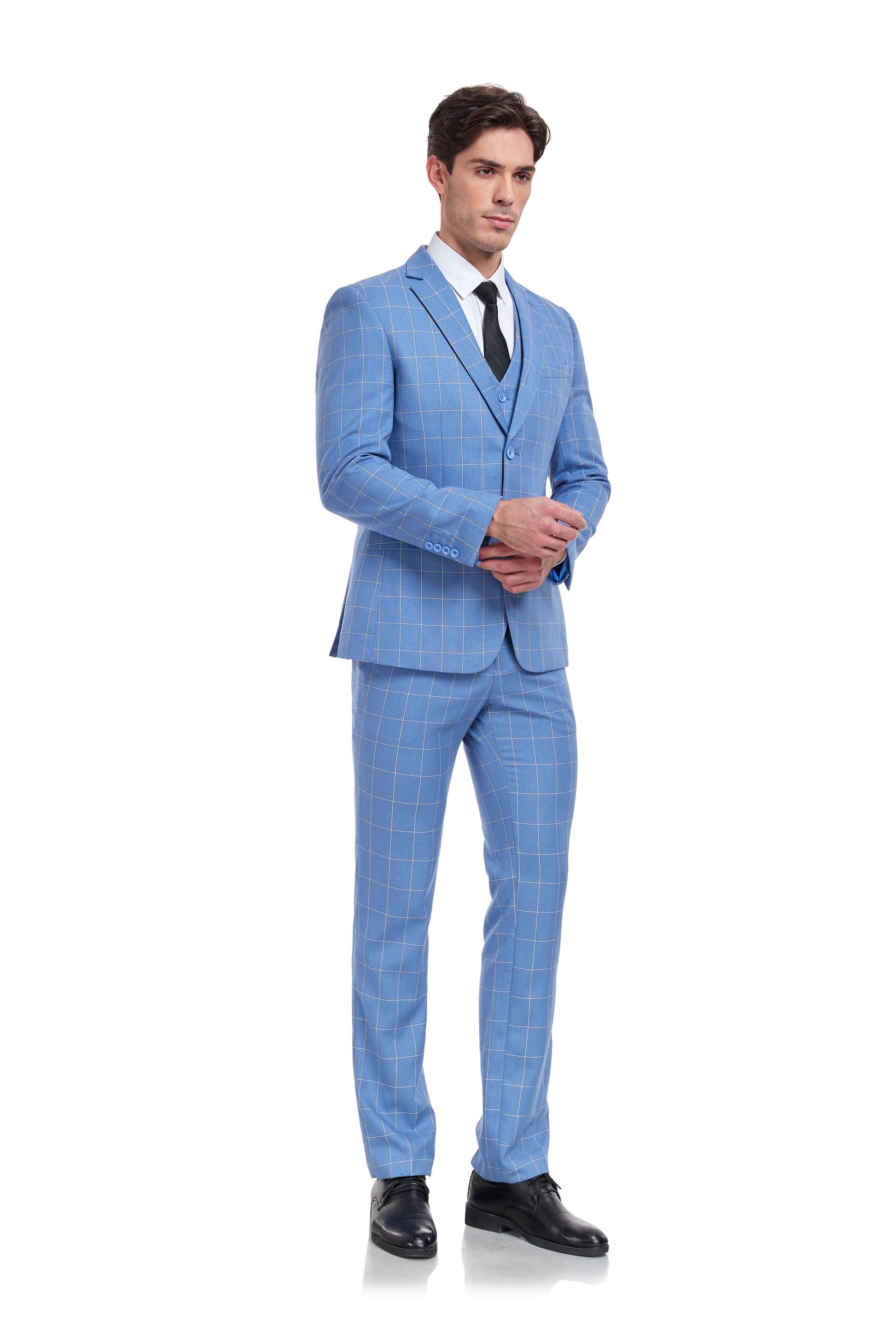 Light Blue Plaid Men's 3 Piece Slim Fit Suit Set Yuanlu