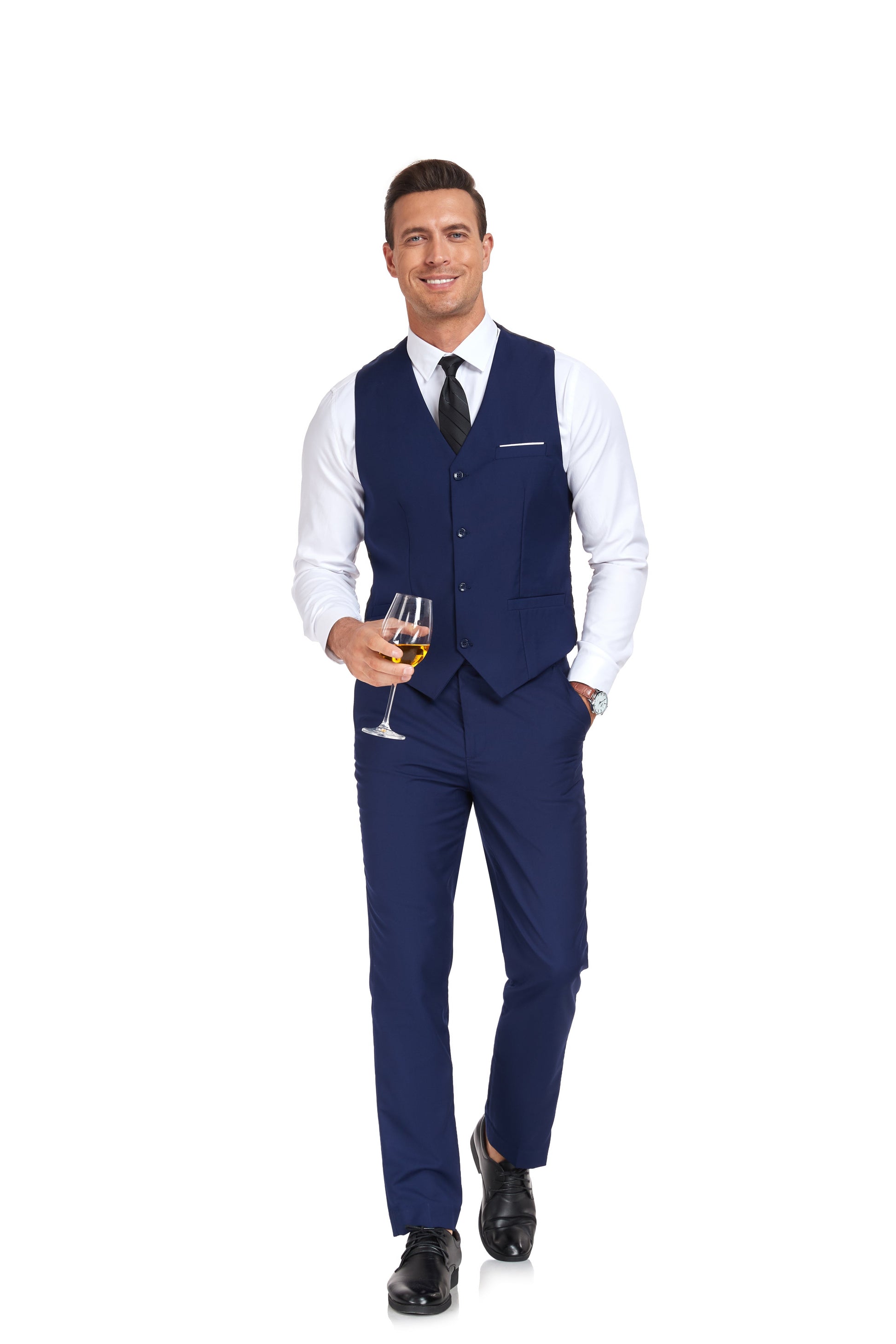 Navy Men's Suits 2 Pieces Vest+Pants Set V-Neck Slim Fit Casual Waistcoat Suit Yuanlu