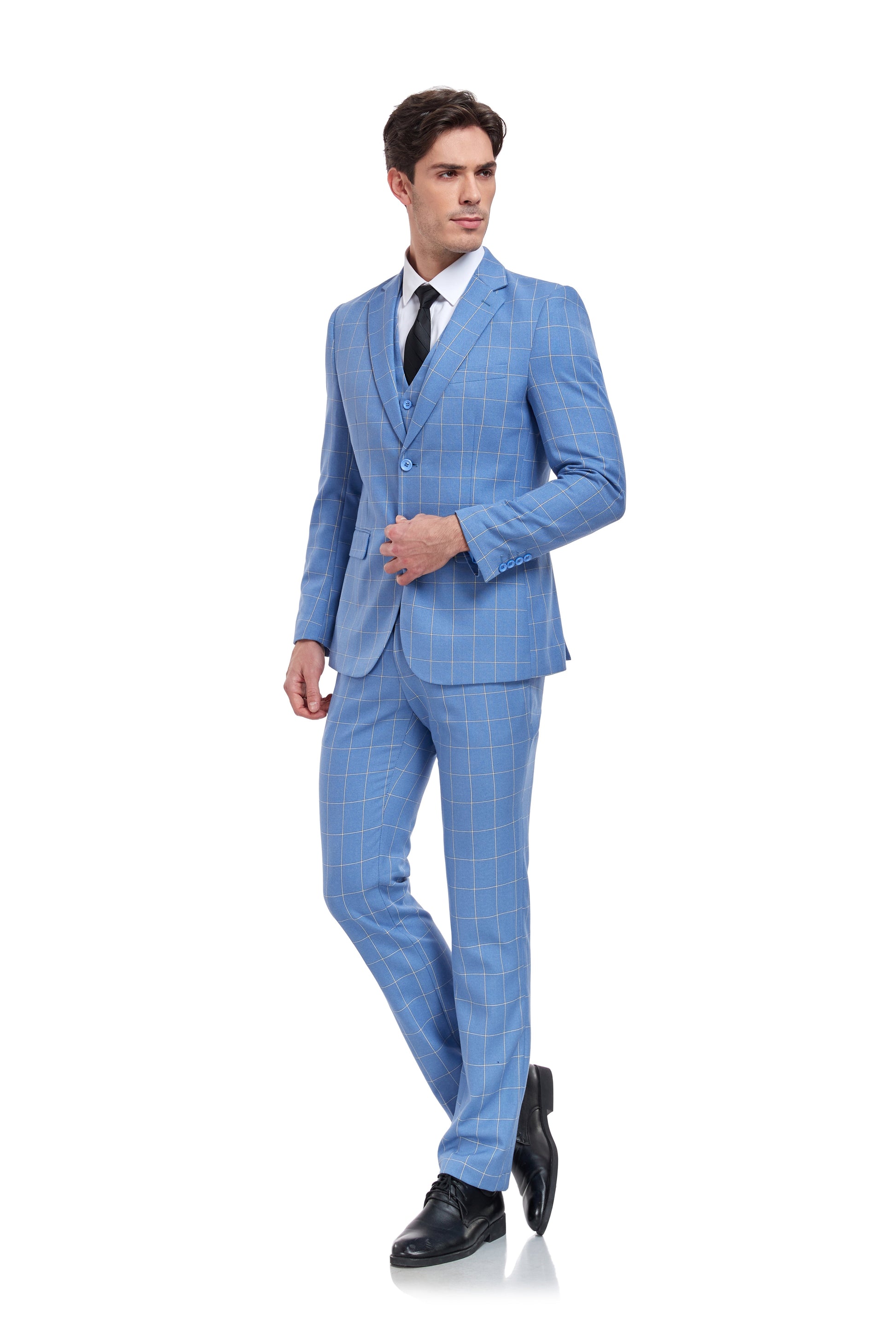 Light Blue Plaid Men's 3 Piece Slim Fit Suit Set Yuanlu