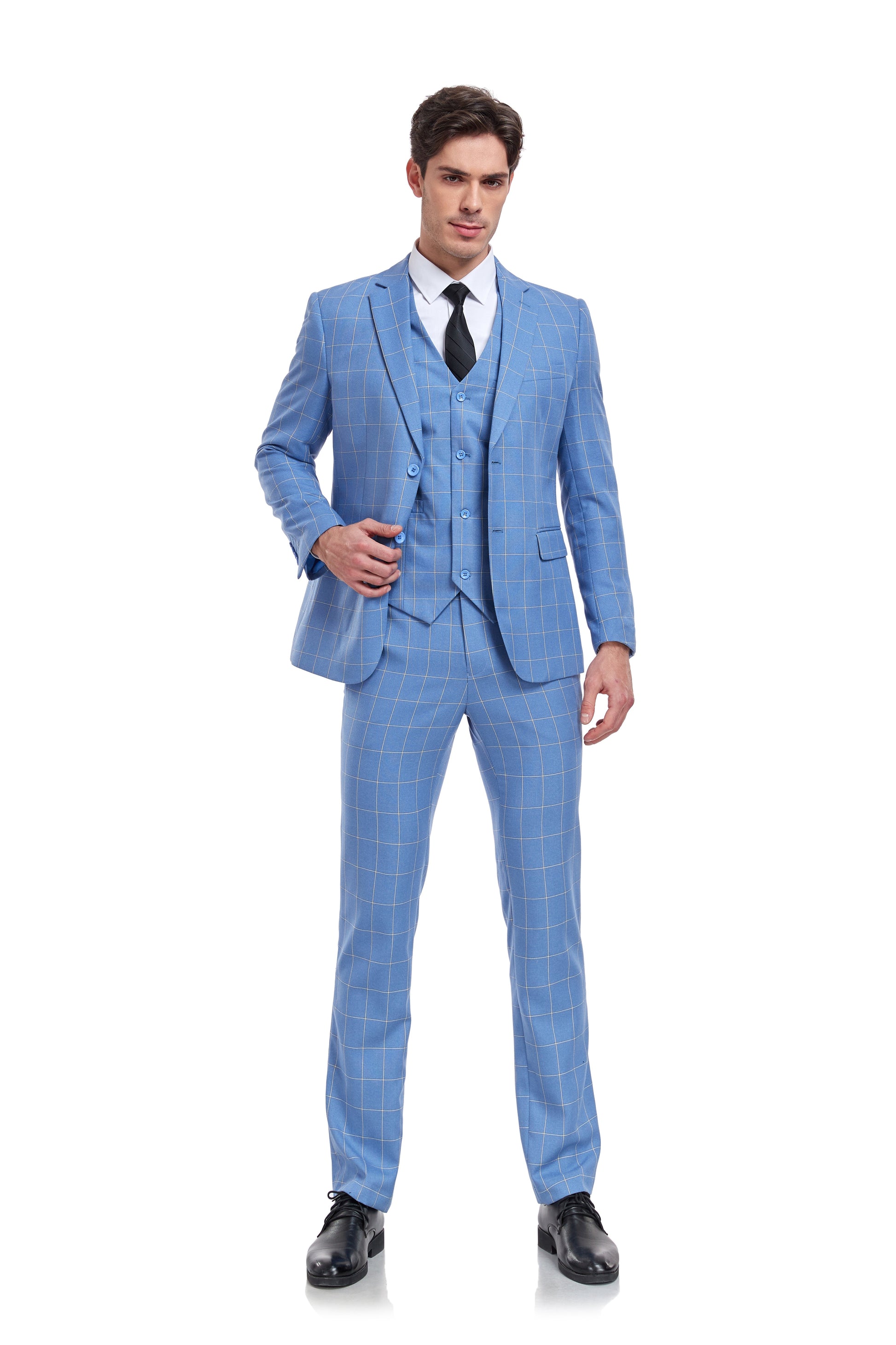 Light Blue Plaid Men's 3 Piece Slim Fit Suit Set Yuanlu