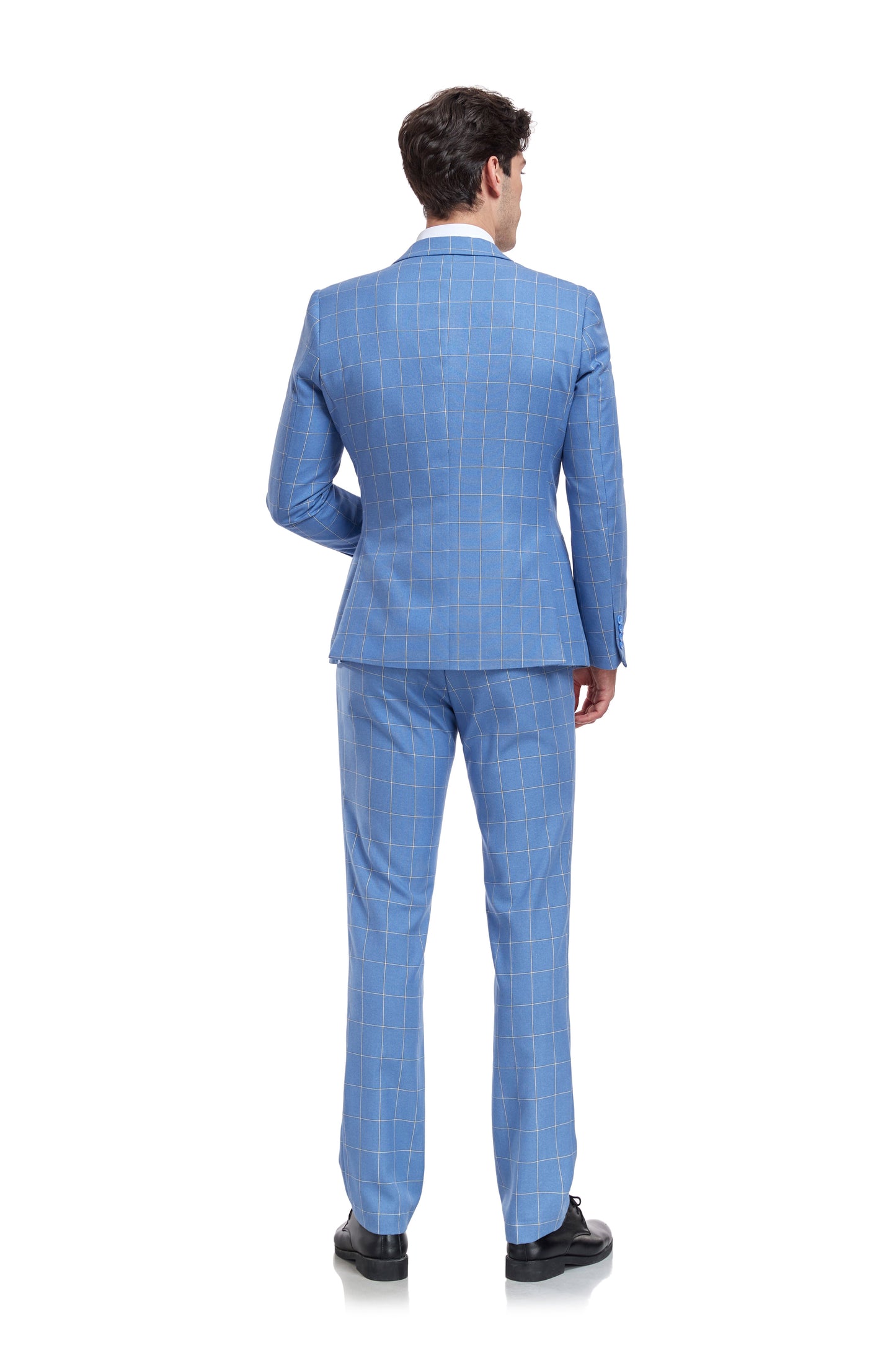 Light Blue Plaid Men's 3 Piece Slim Fit Suit Set Yuanlu