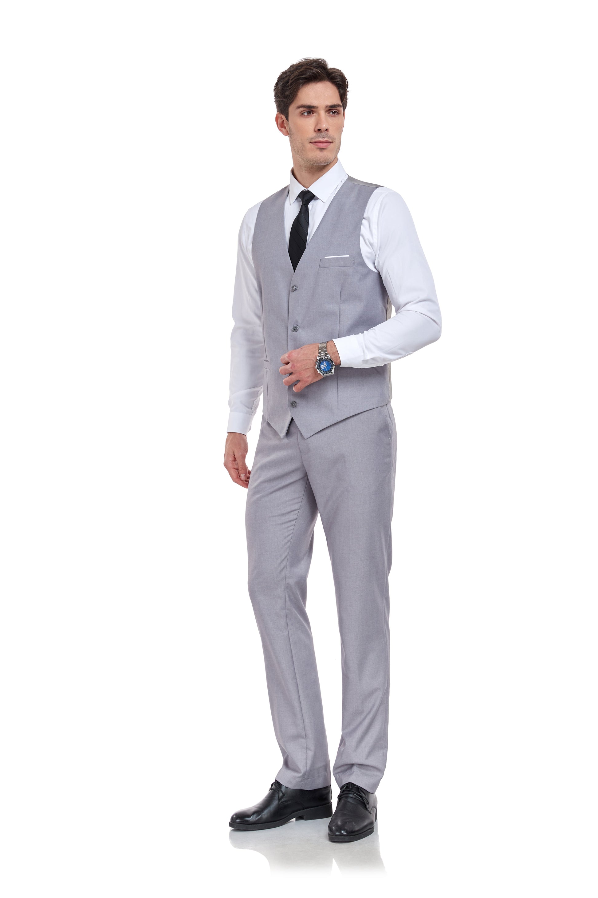 Light Grey Men's Suits 2 Pieces Vest+Pants Set V-Neck Slim Fit Casual Waistcoat Suit Yuanlu