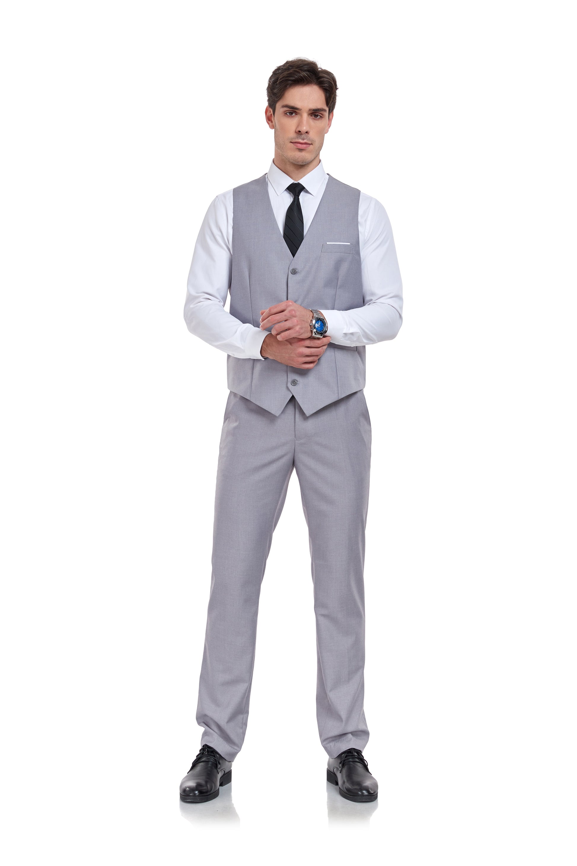 Light Grey Men's Suits 2 Pieces Vest+Pants Set V-Neck Slim Fit Casual Waistcoat Suit Yuanlu