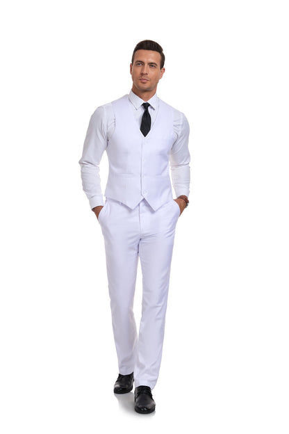 White Men's Suits 2 Pieces Vest+Pants Set V-Neck Slim Fit Casual Waistcoat Suit Yuanlu