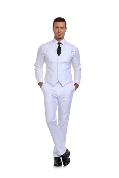 White Men's Suits 2 Pieces Vest+Pants Set V-Neck Slim Fit Casual Waistcoat Suit Yuanlu