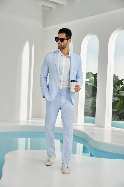 Seersucker Striped Blazer Pants 2 Piece Men's Summer Suit Yuanlu