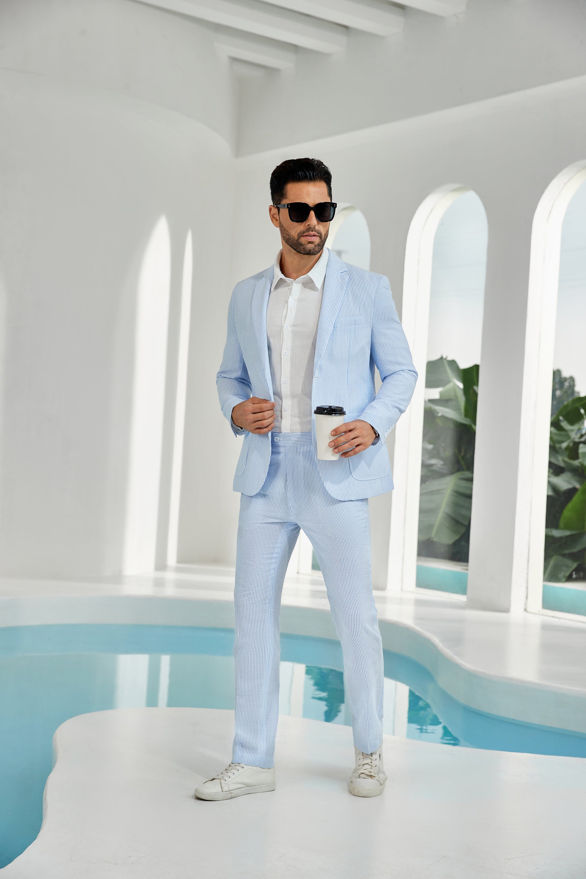 Seersucker Striped Blazer Pants 2 Piece Men's Summer Suit Yuanlu